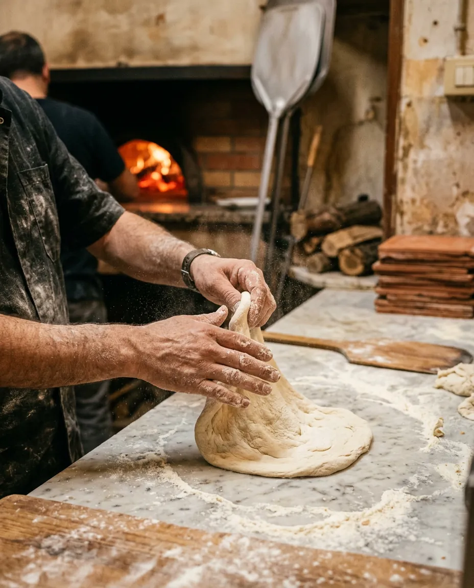 Le pizzaïolo étale la pâte à la main