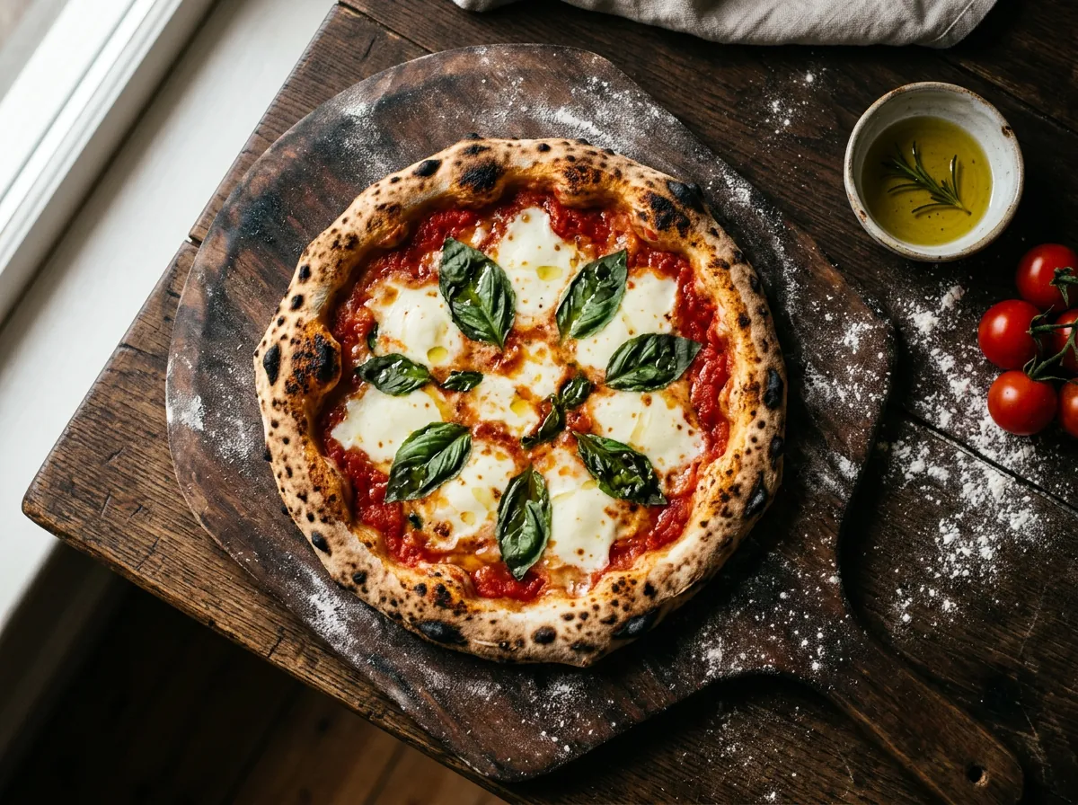 Pizza margherita sortie du four sur une pelle en bois